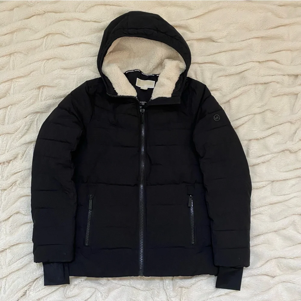Michael Kors black quilted hooded winter puffer jacket black fleece Sz S